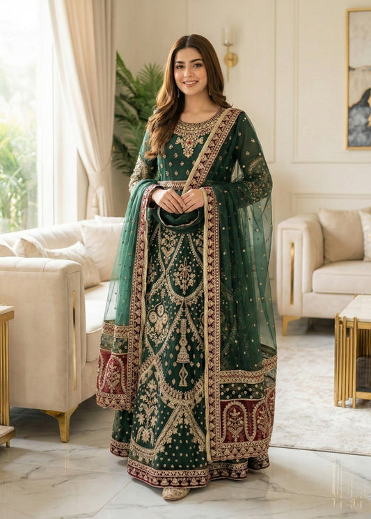Pakistani Designer Green Net Salwar Kameez Online in KSA Riyadh Saudi Arabia Oman Bahrain Qatar