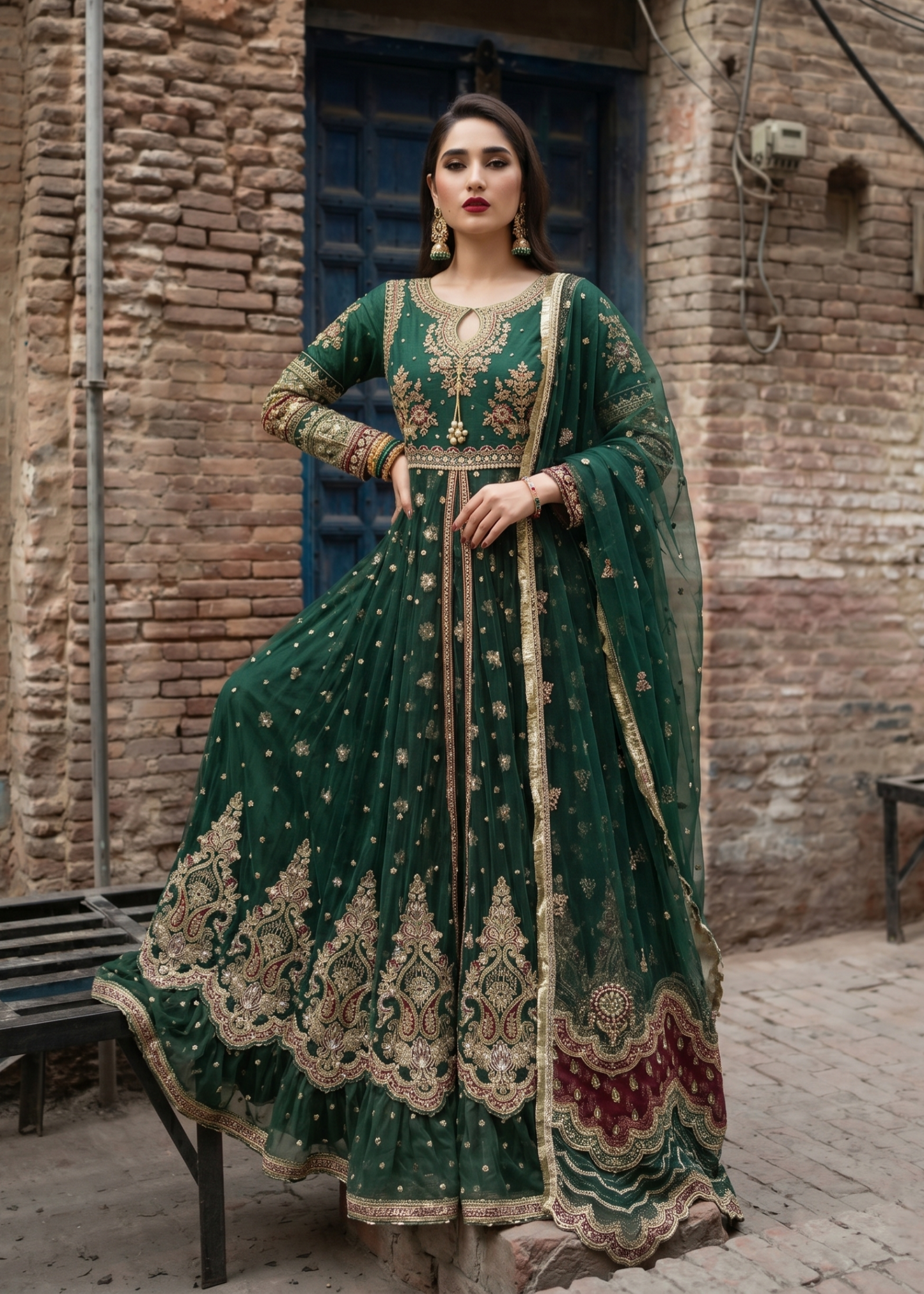 Pakistani Designer Green Net Suit Online in KSA Riyadh Saudi Arabia Oman Bahrain Qatar