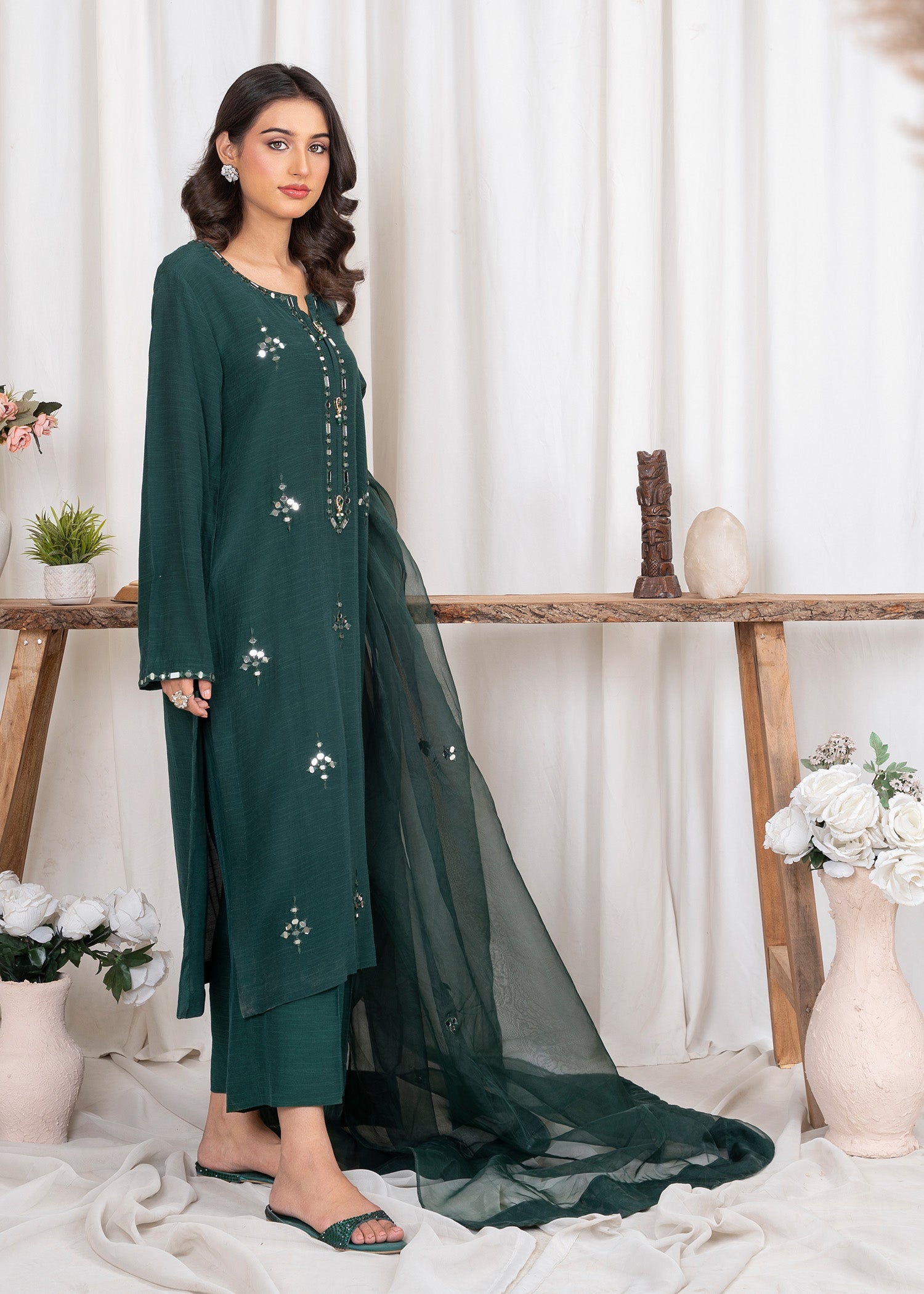 Pakistani Designer Green Organza Embellished Salwar Kameez Online in KSA Riyadh Saudi Arabia Oman Bahrain Qatar
