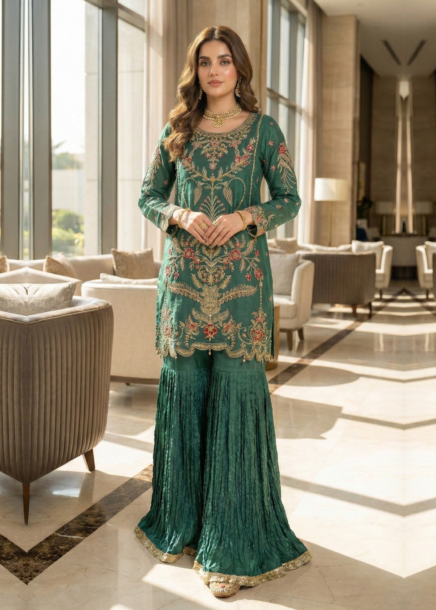 Pakistani Designer Green Organza Salwar Kameez Online in KSA Riyadh Saudi Arabia Oman Bahrain Qatar