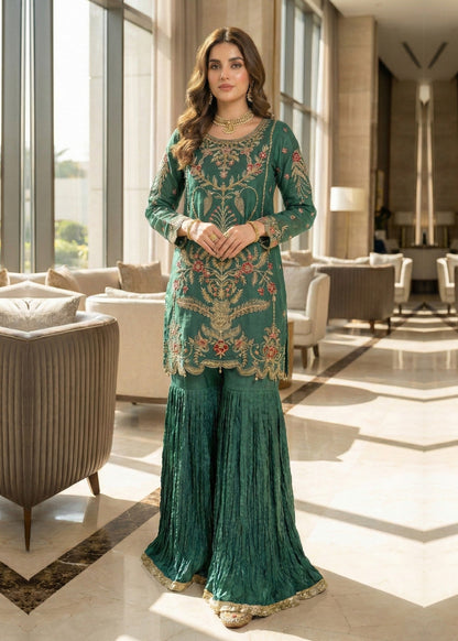 Pakistani Designer Green Organza Salwar Kameez Online in KSA Riyadh Saudi Arabia Oman Bahrain Qatar