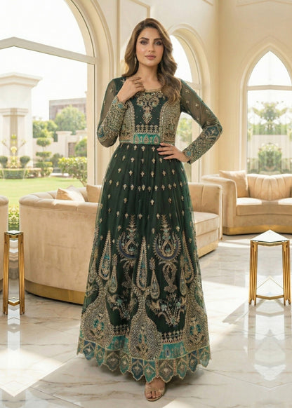 Pakistani Designer Green Organza Salwar Kameez Online in KSA Riyadh Saudi Arabia Oman Bahrain Qatar