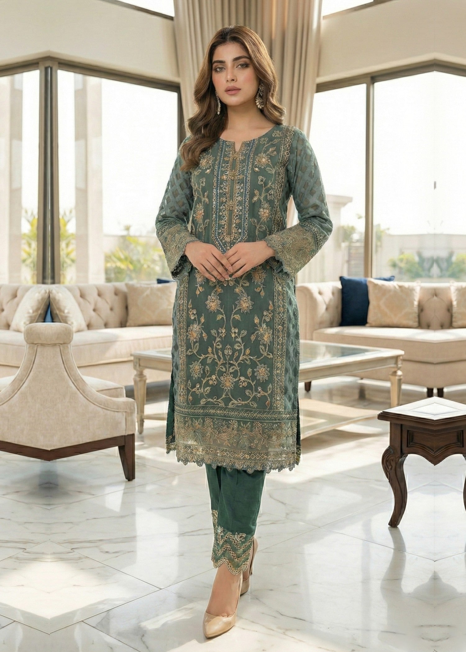 Pakistani Designer Green Organza Salwar Kameez Online in KSA Riyadh Saudi Arabia Oman Bahrain Qatar