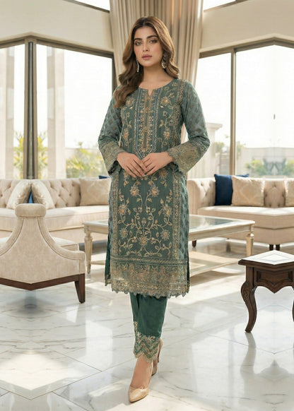 Pakistani Designer Green Organza Salwar Kameez Online in KSA Riyadh Saudi Arabia Oman Bahrain Qatar