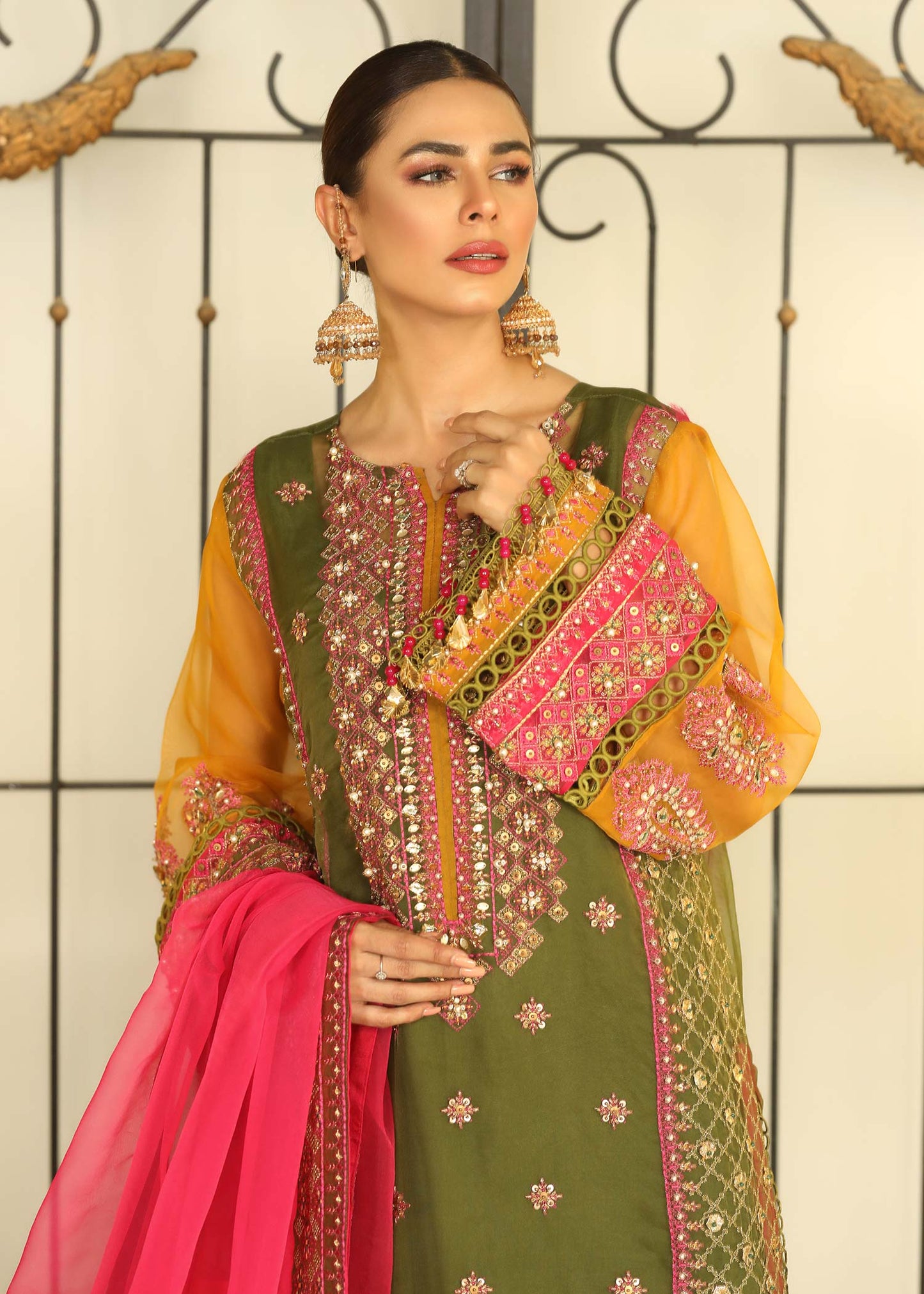 Pakistani Designer Green Organza Salwar Kameez Online in KSA Riyadh Saudi Arabia Oman Bahrain Qatar