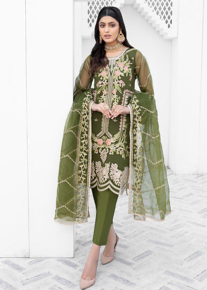 Pakistani Designer Green Organza Salwar Kameez Online in KSA Riyadh Saudi Arabia Oman Bahrain Qatar