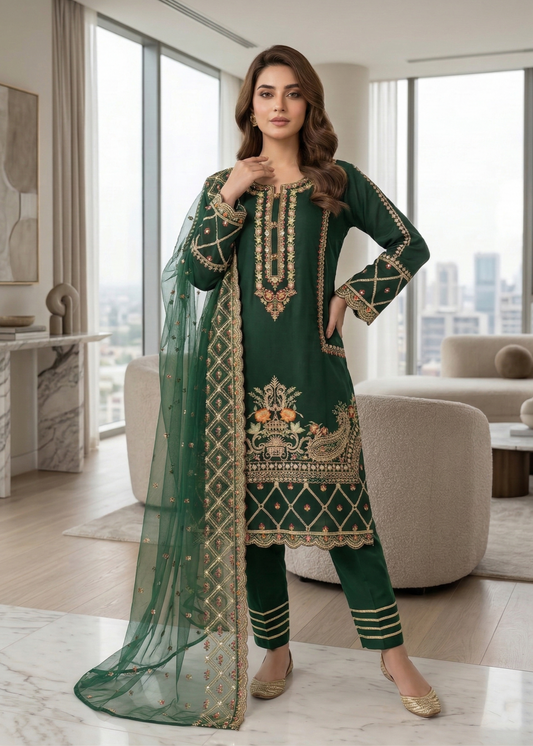 Pakistani Designer Green Organza Salwar Kameez Online in KSA Riyadh Saudi Arabia Oman Bahrain Qatar