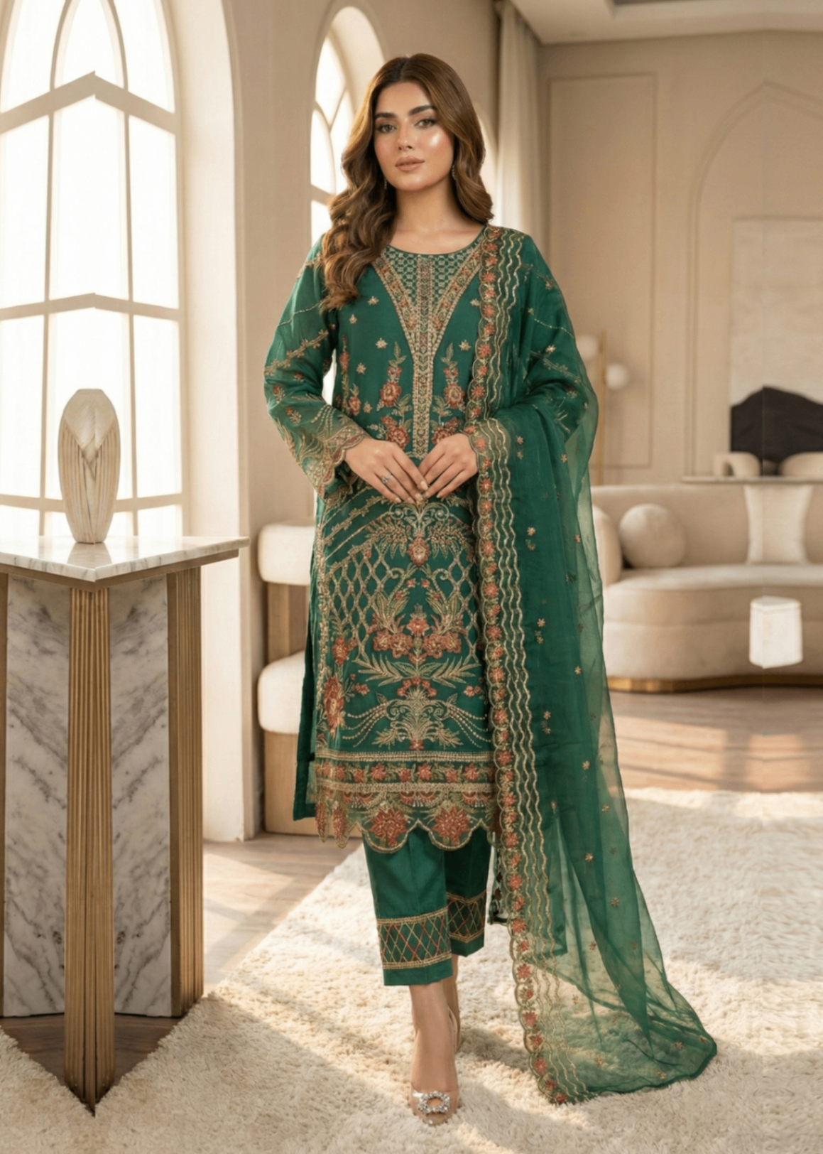 Pakistani Designer Green Organza Salwar Kameez Online in KSA Riyadh Saudi Arabia Oman Bahrain Qatar