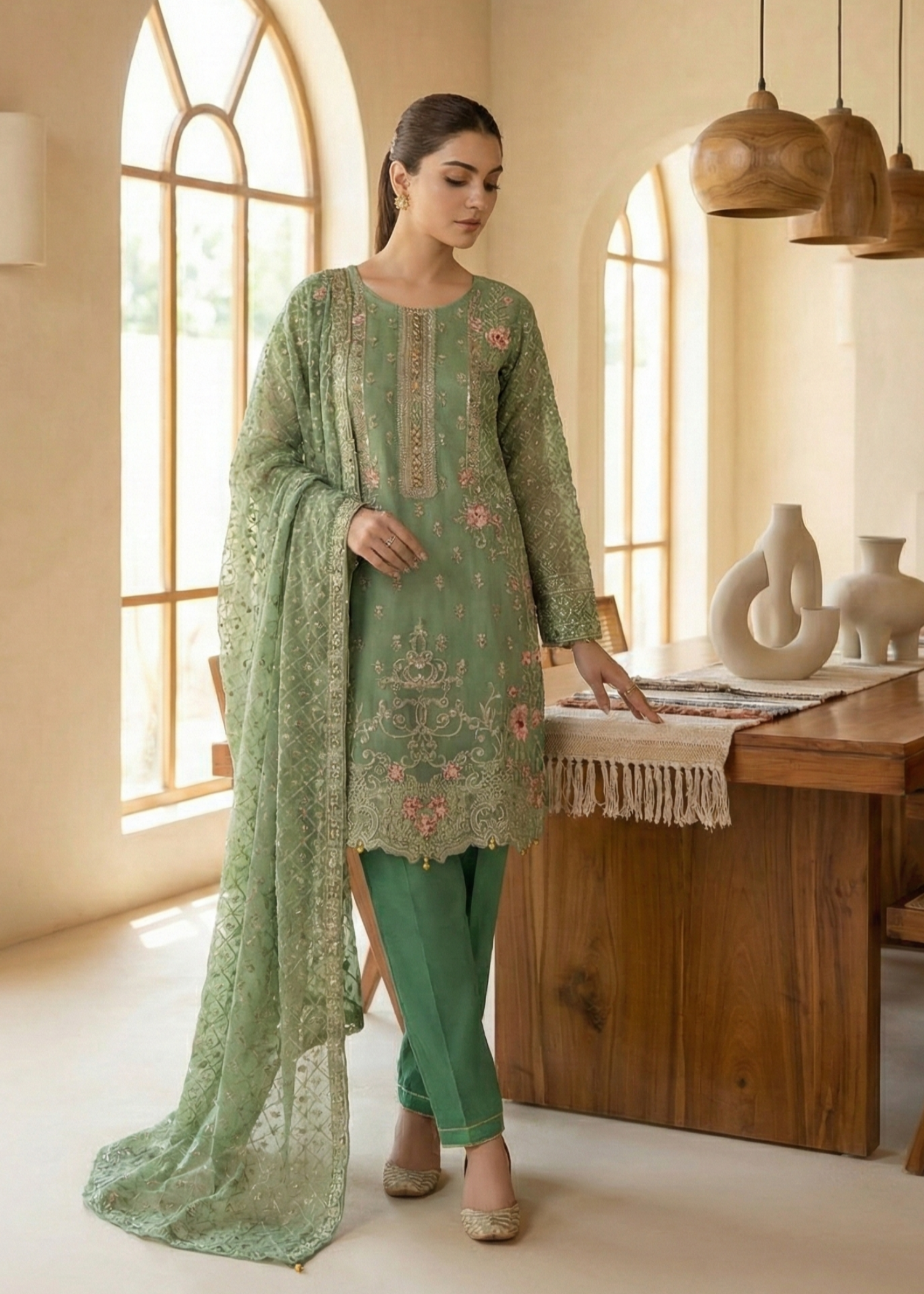 Pakistani Designer Green Organza Salwar Kameez Online in KSA Riyadh Saudi Arabia Oman Bahrain Qatar