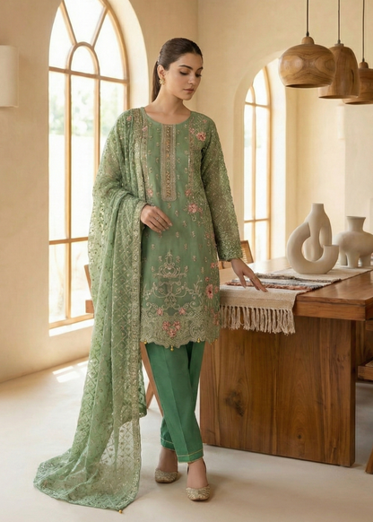 Pakistani Designer Green Organza Salwar Kameez Online in KSA Riyadh Saudi Arabia Oman Bahrain Qatar