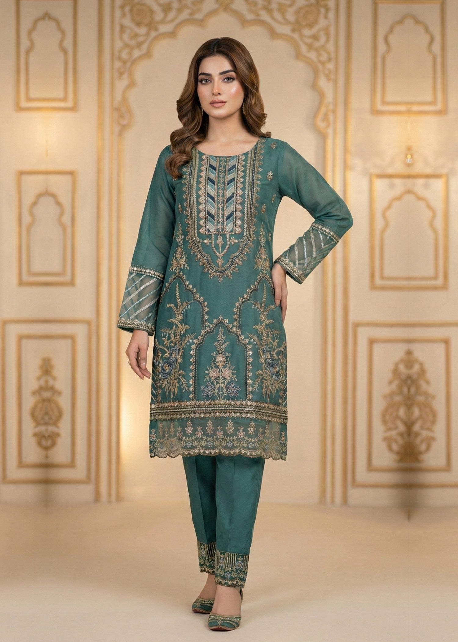 Pakistani Designer Green Organza Salwar Suit Online in KSA Riyadh Saudi Arabia Oman Bahrain Qatar