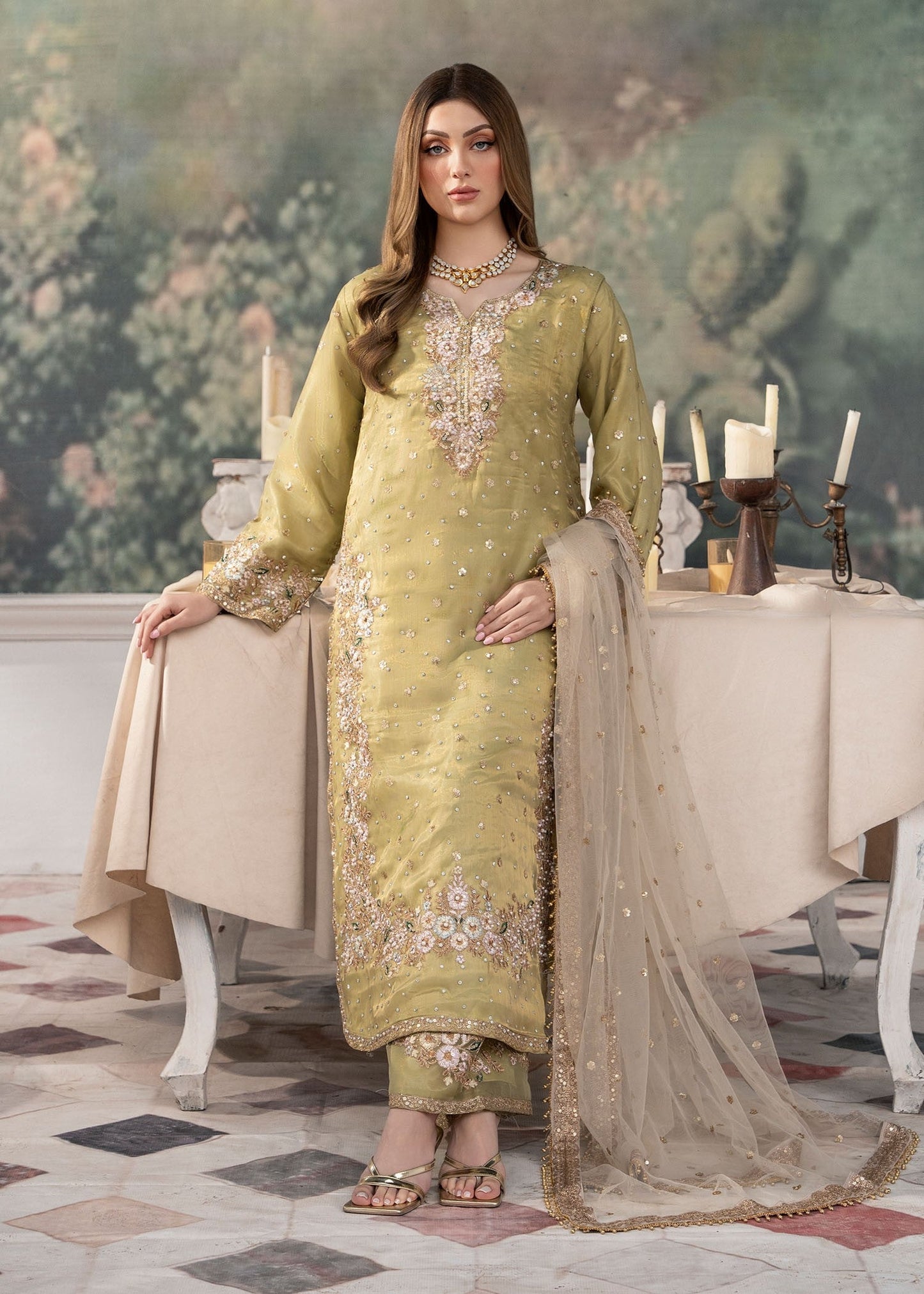 Pakistani Designer Green Poly Silk Suit Online in KSA Riyadh Saudi Arabia Oman Bahrain Qatar