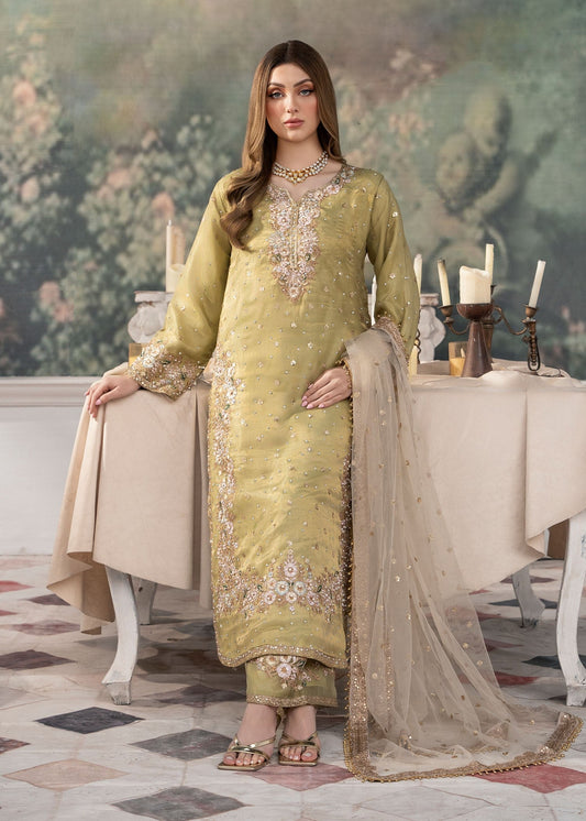 Pakistani Designer Green Poly Silk Suit Online in KSA Riyadh Saudi Arabia Oman Bahrain Qatar