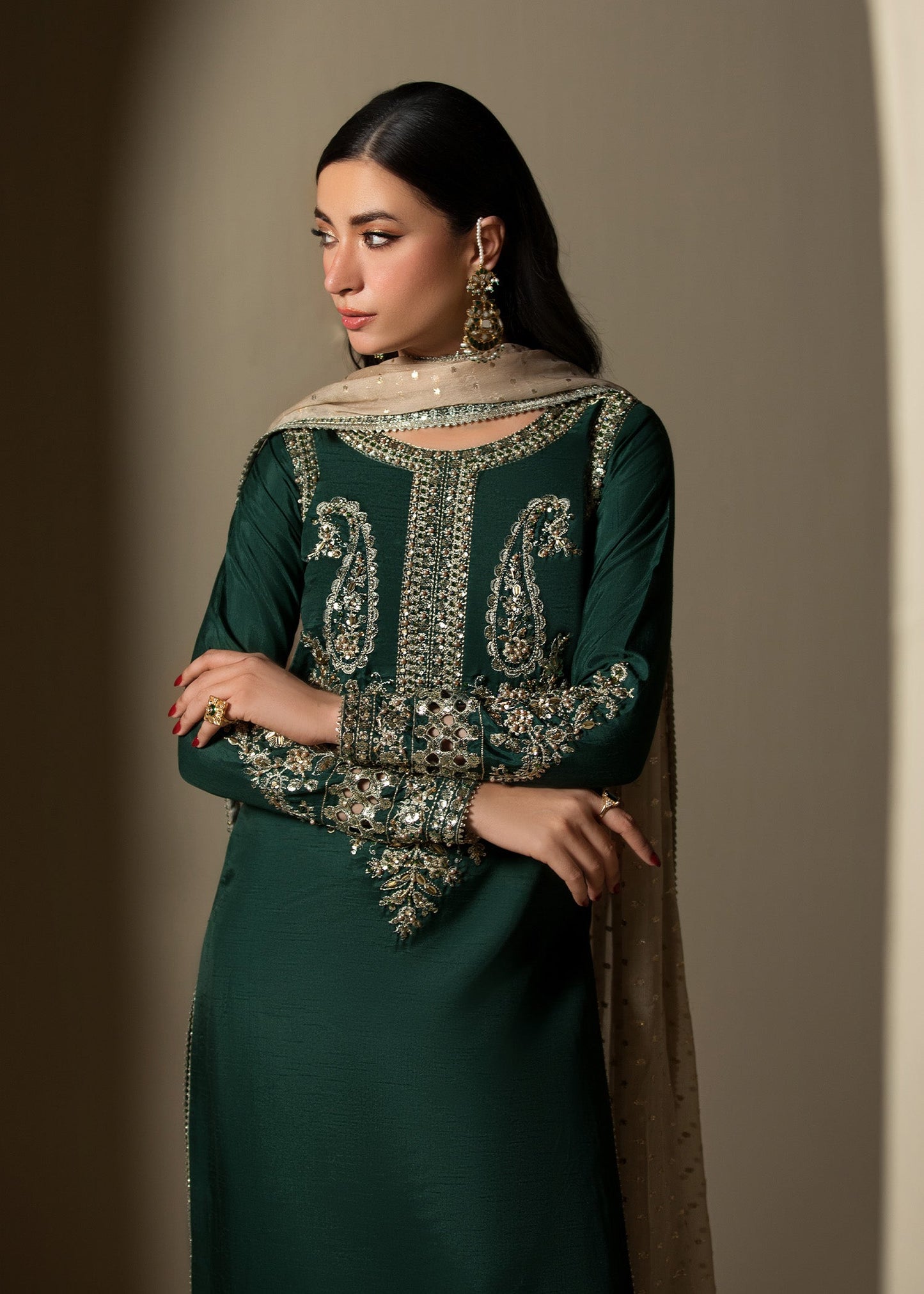 Pakistani Designer Green Raw Silk Party Wear Salwar Kameez Online in KSA Riyadh Saudi Arabia Oman Bahrain Qatar