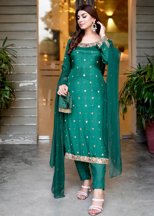 Pakistani Designer Green Raw Silk Salwar Kameez Online in KSA Riyadh Saudi Arabia Oman Bahrain Qatar