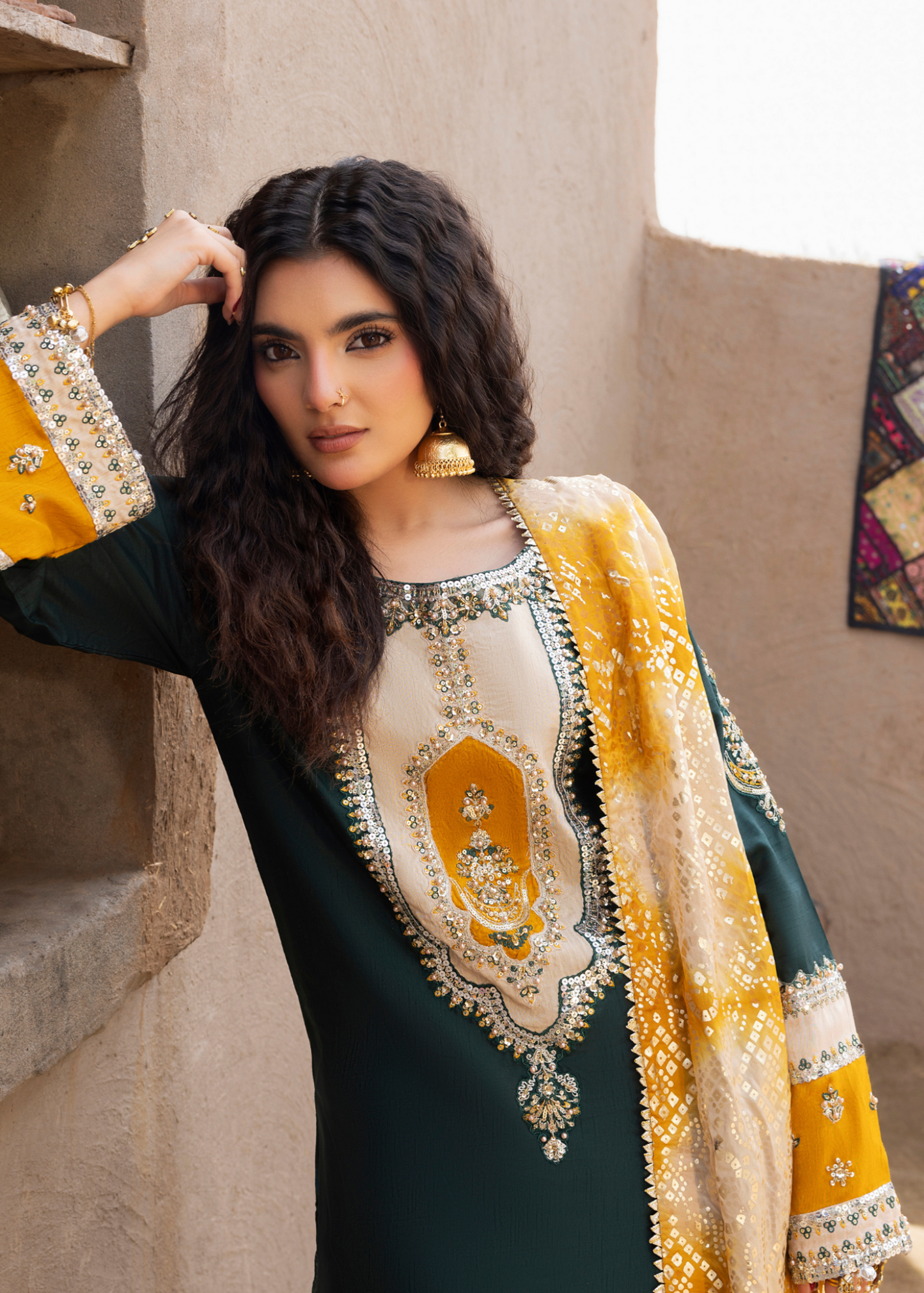 Pakistani Designer Green Silk Sharara Suit Online in KSA Riyadh Saudi Arabia Oman Bahrain Qatar
