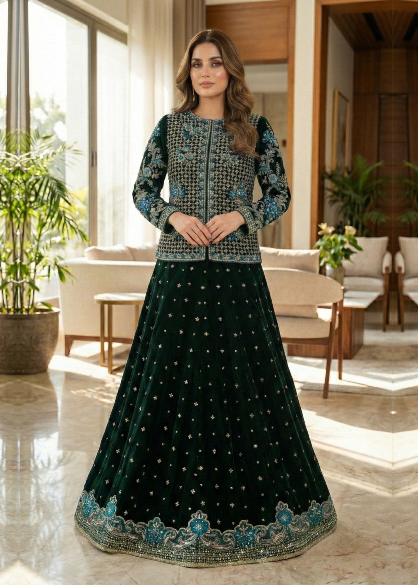 Pakistani Designer Green Velvet Salwar Kameez Online in KSA Riyadh Saudi Arabia Oman Bahrain Qatar