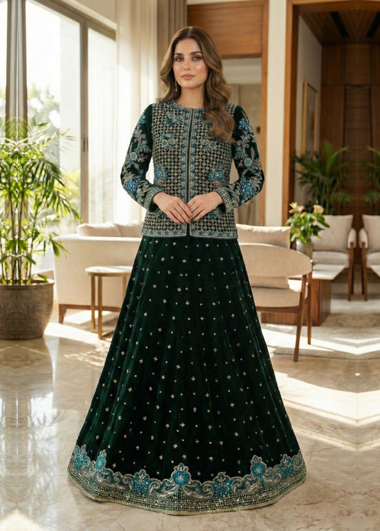 Pakistani Designer Green Velvet Salwar Kameez Online in KSA Riyadh Saudi Arabia Oman Bahrain Qatar