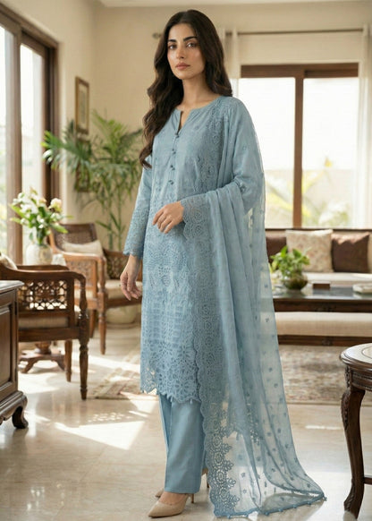 Pakistani Designer Grey Blue Chikankari Cotton Salwar Kameez Online in KSA Riyadh Saudi Arabia Oman Bahrain Qatar