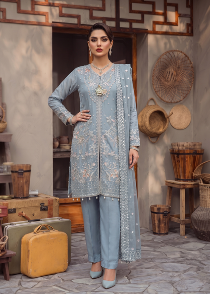 Pakistani Designer Grey Blue Organza Salwar Kameez Online in KSA Riyadh Saudi Arabia Oman Bahrain Qatar