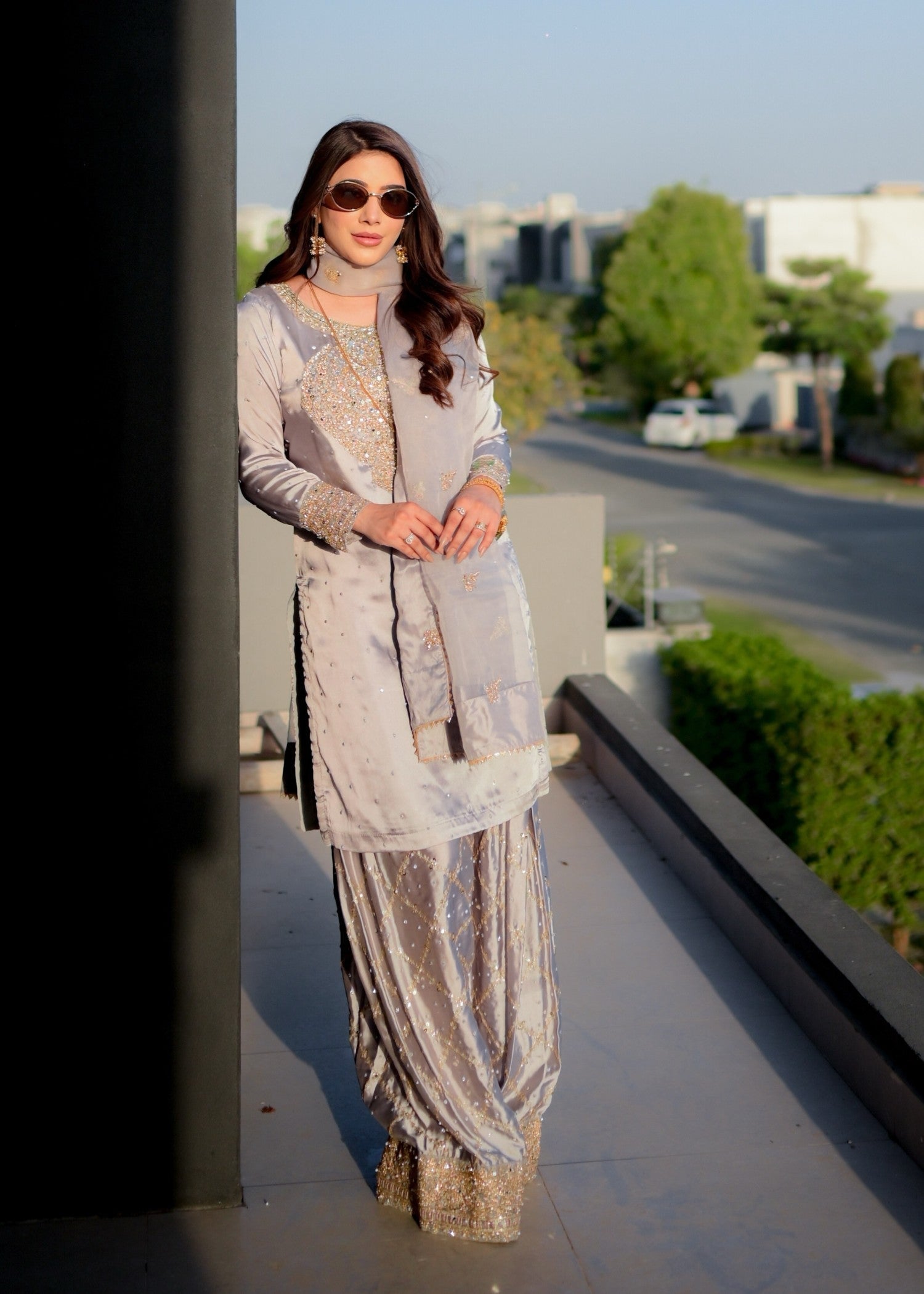 Pakistani Designer Grey Charmuse Silk Salwar Kameez Online in KSA Riyadh Saudi Arabia Oman Bahrain Qatar