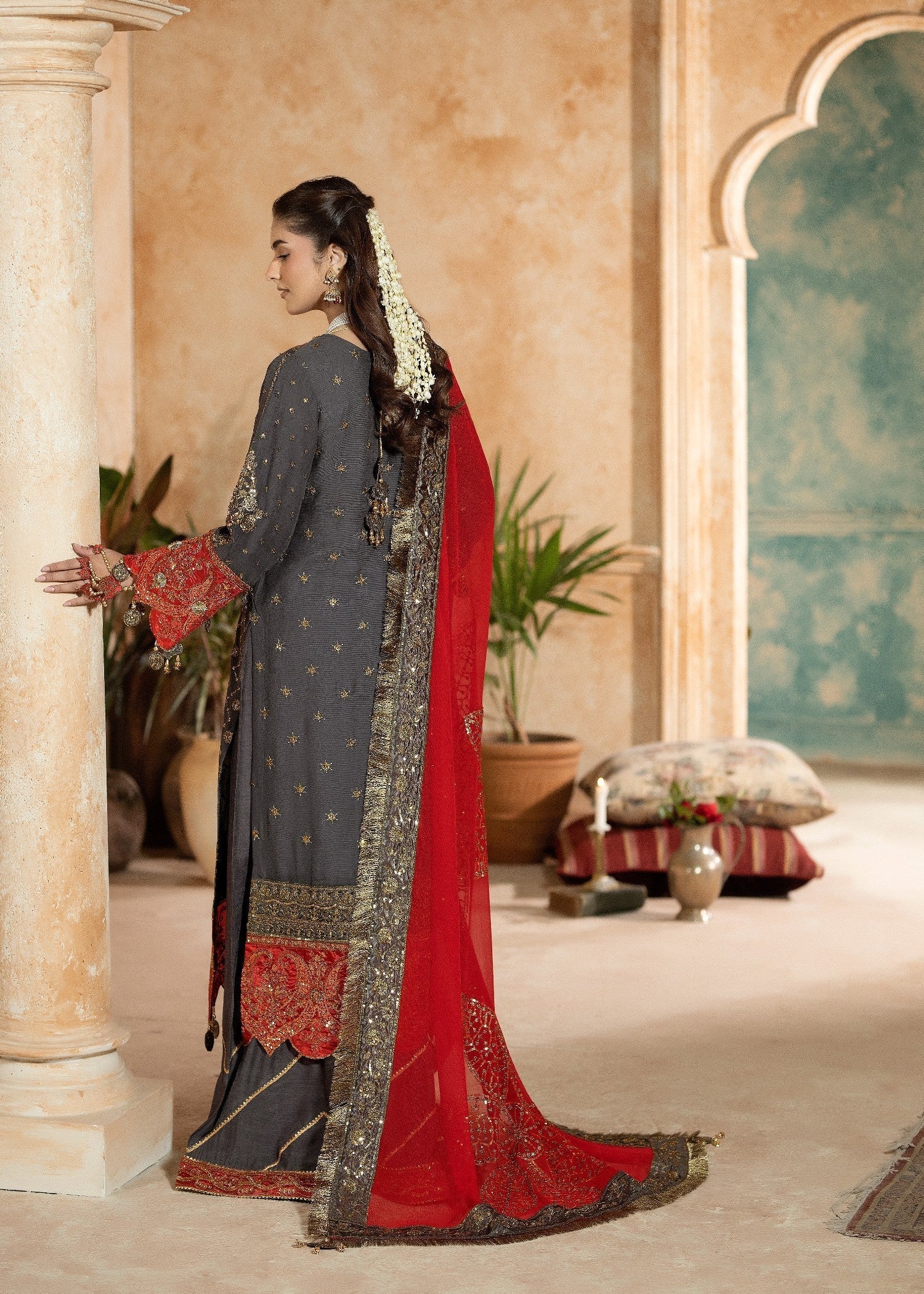 Pakistani Designer Grey Chiffon Sharara Gharara Online in KSA Riyadh Saudi Arabia Oman Bahrain Qatar