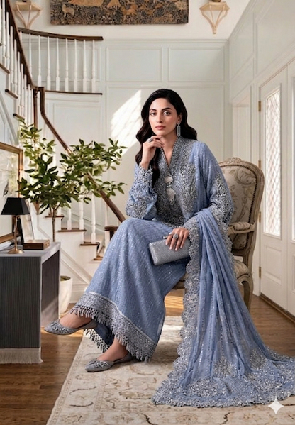 Pakistani Designer Grey Chiffon Wedding Suit Online in KSA Riyadh Saudi Arabia Oman Bahrain Qatar
