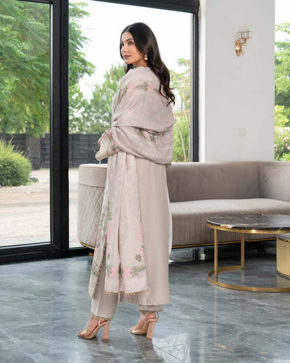 Pakistani Designer Grey Dhanak Embroidered Suit Online in KSA Riyadh Saudi Arabia Oman Bahrain Qatar