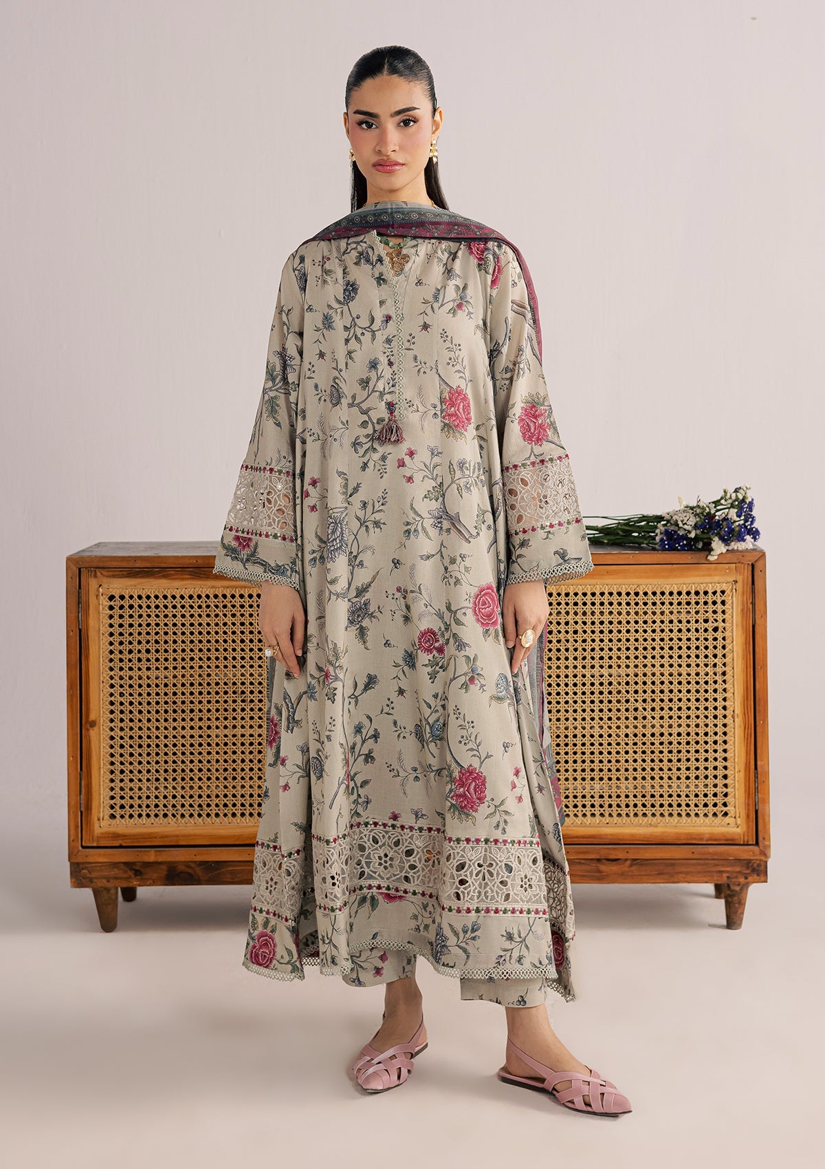 Pakistani Designer Grey Embroidered Lawn Suit Online in Dubai DXB UAE Abudhabi Meena Bazaar