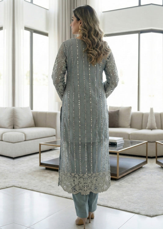 Pakistani Designer Grey Embroidered Organza Kurta Online in Sri Lanka India Australia