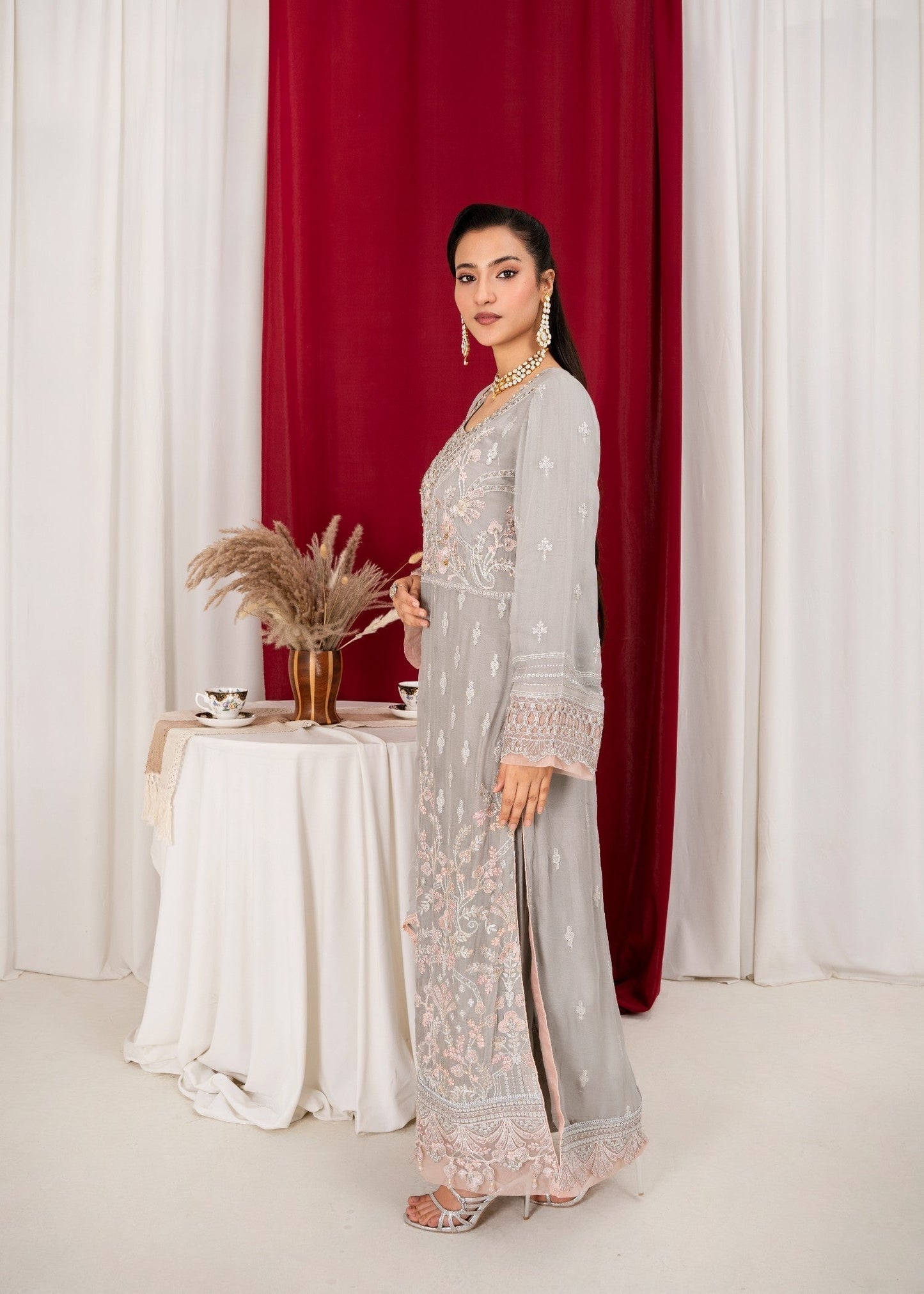 Pakistani Designer Grey Georgette Chiffon Salwar Kameez Online in KSA Riyadh Saudi Arabia Oman Bahrain Qatar