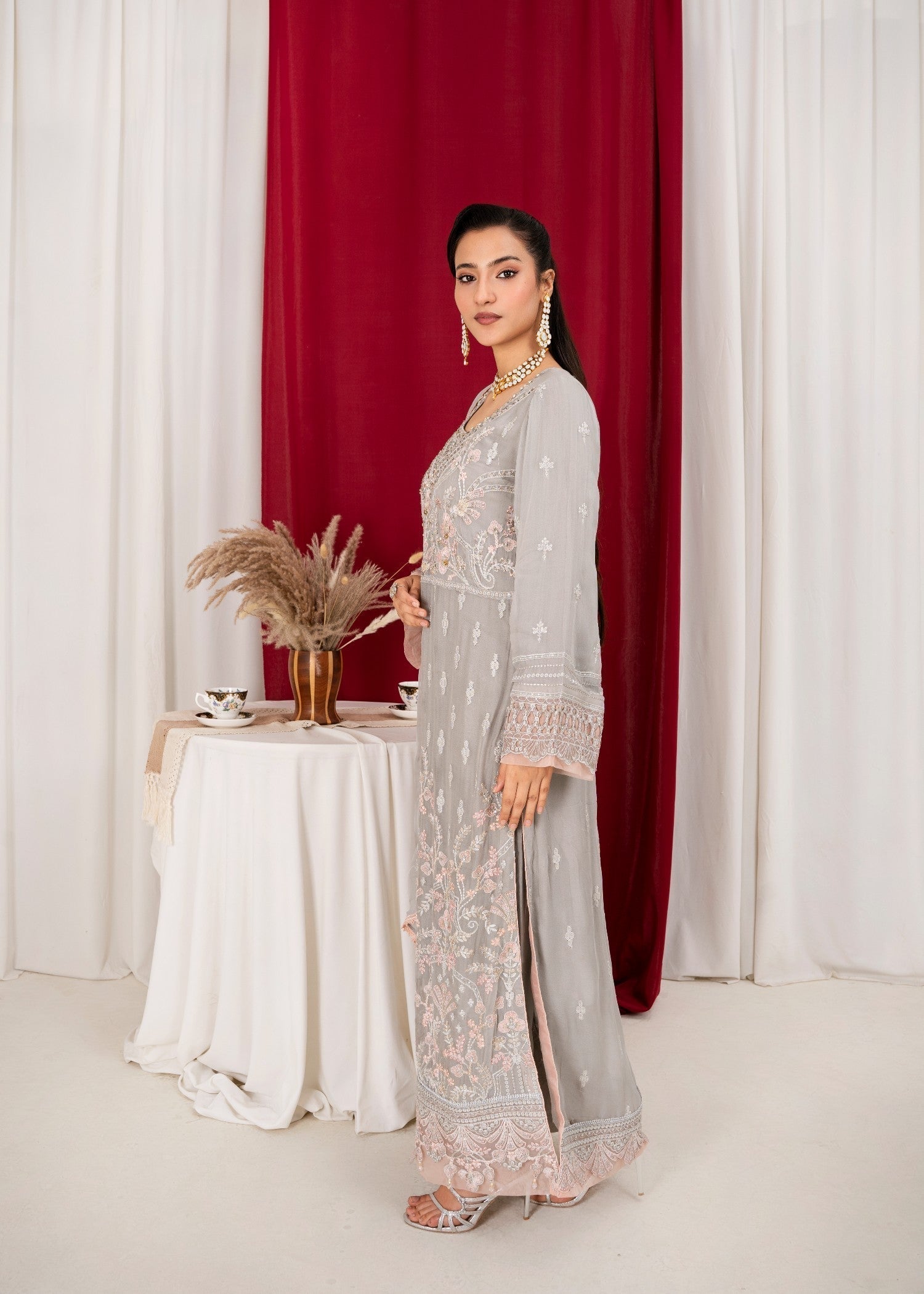 Pakistani Designer Grey Georgette Chiffon Salwar Kameez Online in KSA Riyadh Saudi Arabia Oman Bahrain Qatar