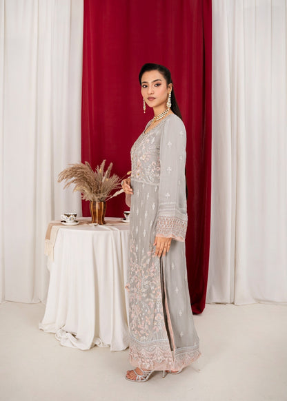 Pakistani Designer Grey Georgette Chiffon Salwar Kameez Online in KSA Riyadh Saudi Arabia Oman Bahrain Qatar