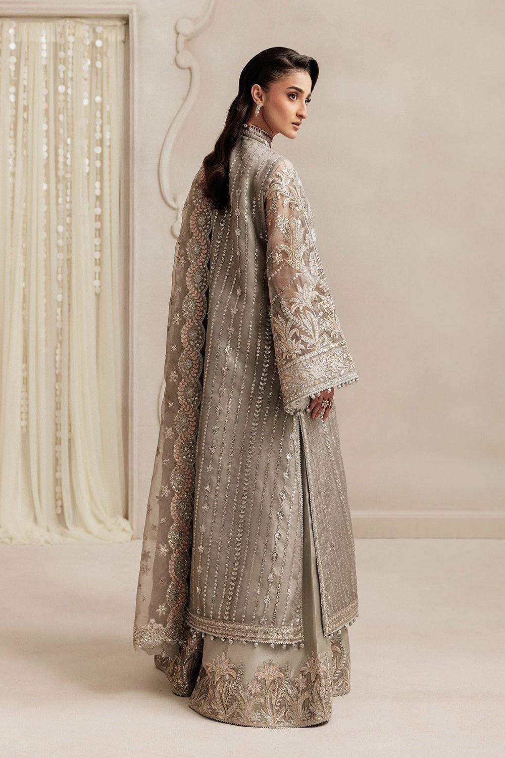 Pakistani Designer Grey Hand Embellished Organza Suit Online in Dubai DXB UAE Abudhabi Meena Bazaar