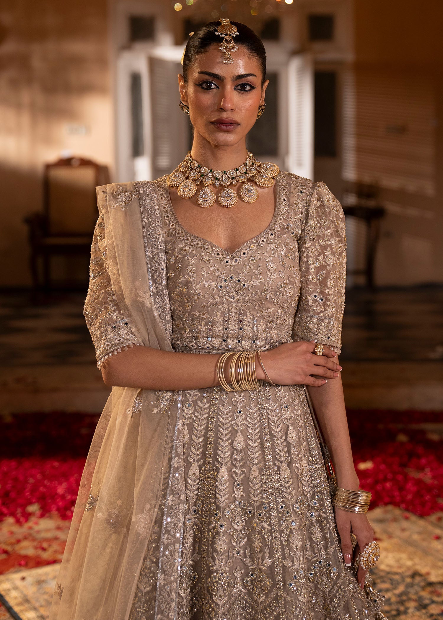 Pakistani Designer Grey Net Salwar Kameez Online in KSA Riyadh Saudi Arabia Oman Bahrain Qatar