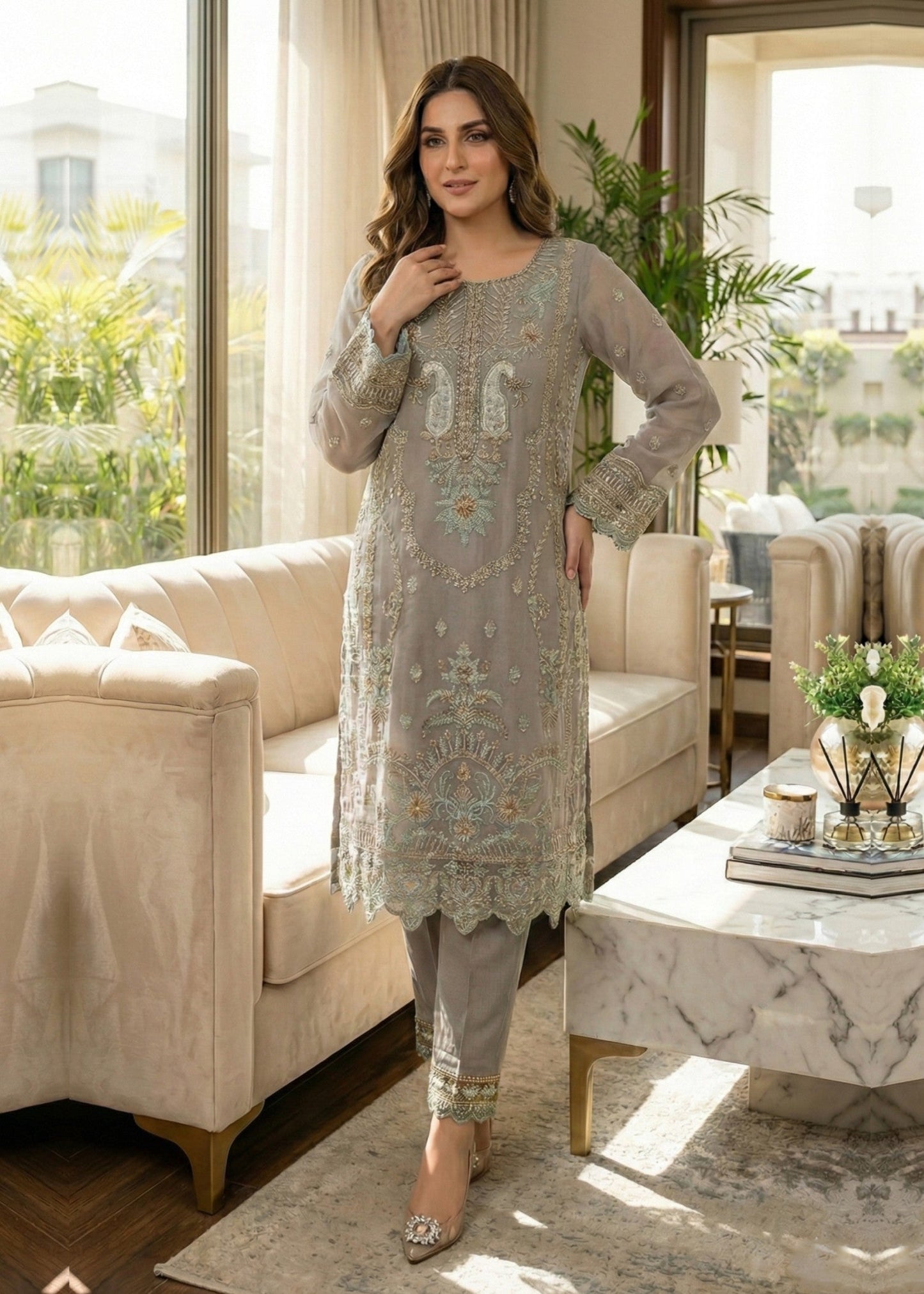Pakistani Designer Grey Organza Salwar Kameez Online in KSA Riyadh Saudi Arabia Oman Bahrain Qatar