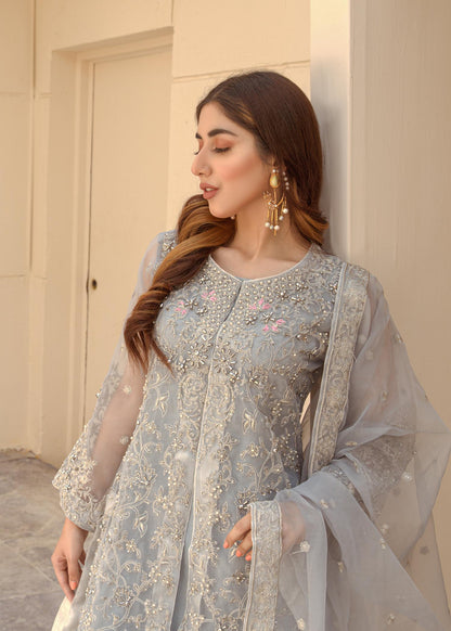 Pakistani Designer Grey Organza Salwar Kameez Online in KSA Riyadh Saudi Arabia Oman Bahrain Qatar