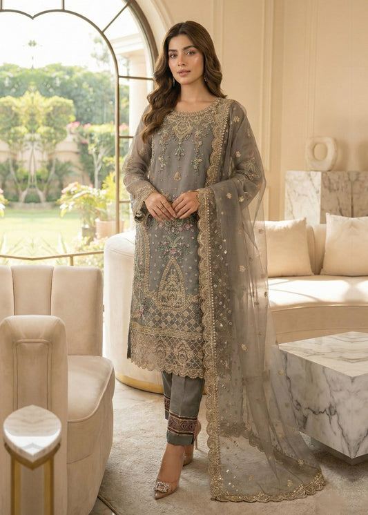 Pakistani Designer Grey Organza Suit Online in KSA Riyadh Saudi Arabia Oman Bahrain Qatar