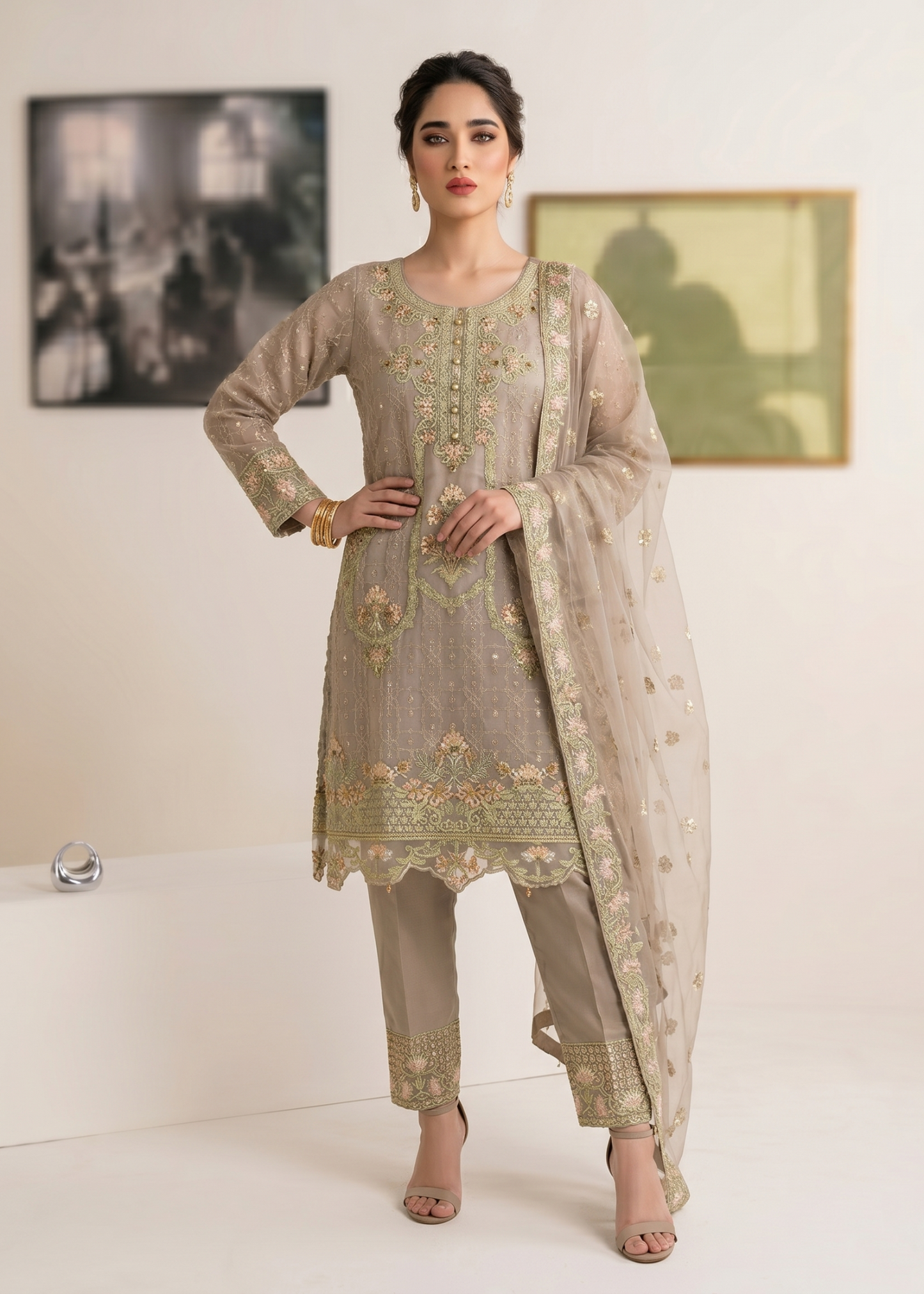 Pakistani Designer Grey Organza Suit Online in KSA Riyadh Saudi Arabia Oman Bahrain Qatar