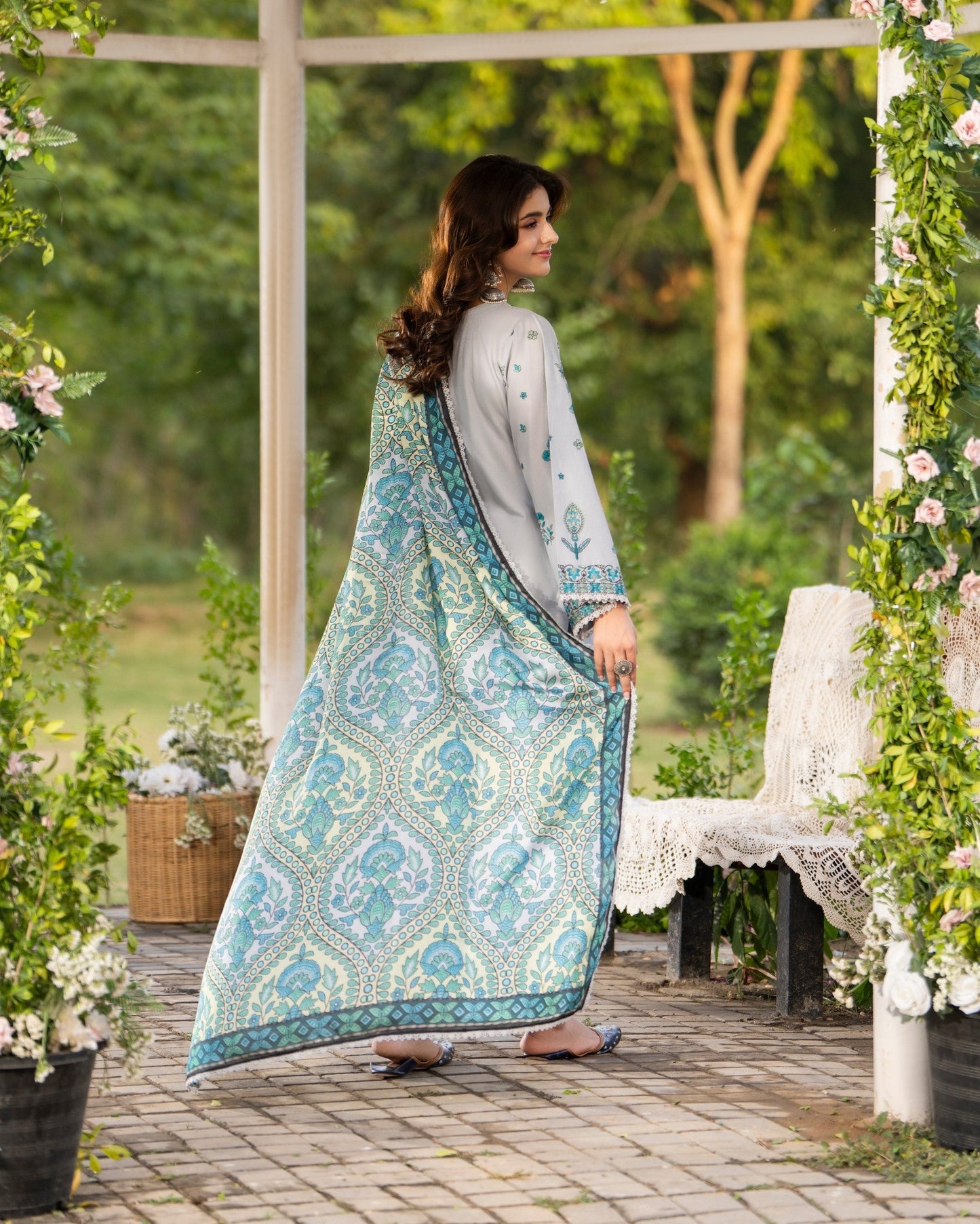 Pakistani Designer Grey Silk Embroidered Suit Online in KSA Riyadh Saudi Arabia Oman Bahrain Qatar