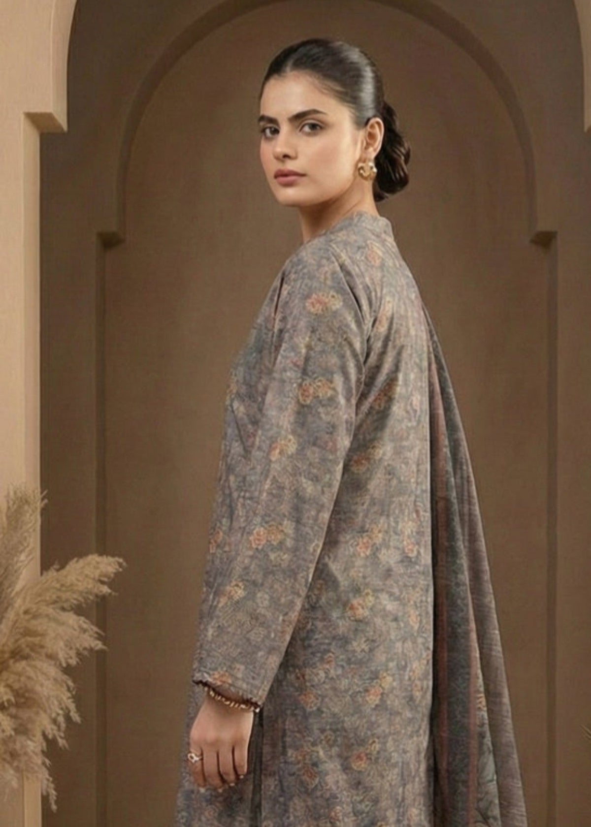 Pakistani Designer Grey Silk Salwar Kameez Online in KSA Riyadh Saudi Arabia Oman Bahrain Qatar