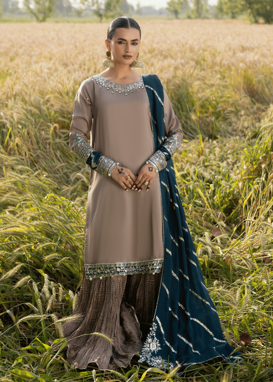 Pakistani Designer Grey Silk Sharara Gharara Online in KSA Riyadh Saudi Arabia Oman Bahrain Qatar