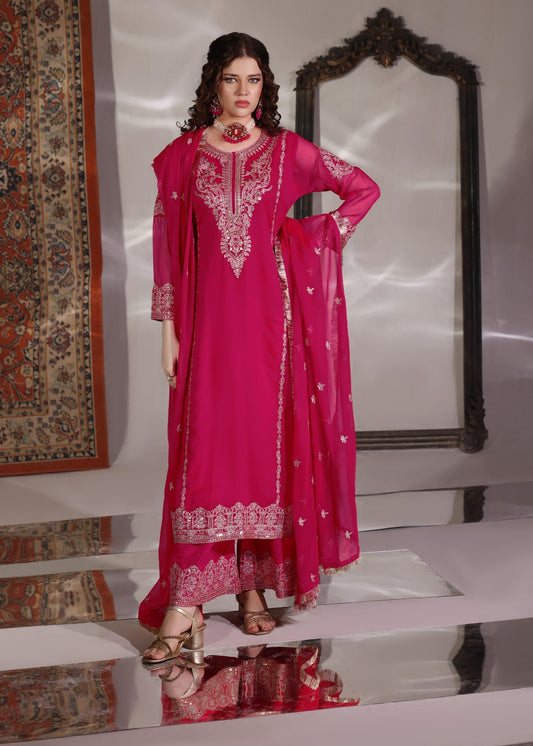 Pakistani Designer Hot Pink Chiffon Salwar Kameez Online in KSA Riyadh Saudi Arabia Oman Bahrain Qatar