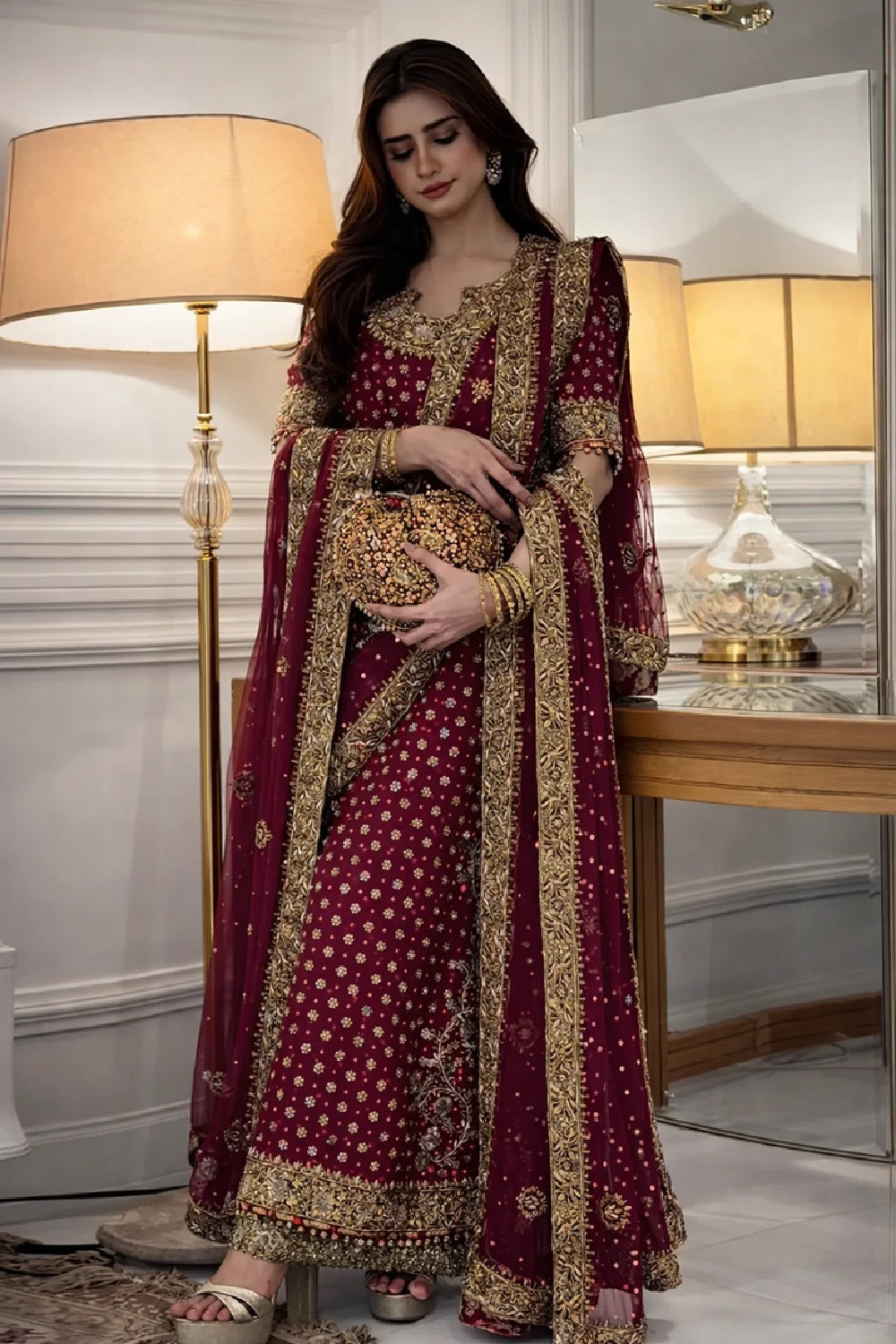 Pakistani Designer Hot Pink Embellished Chiffon Salwar Kameez Online in KSA Riyadh Saudi Arabia Oman Bahrain Qatar