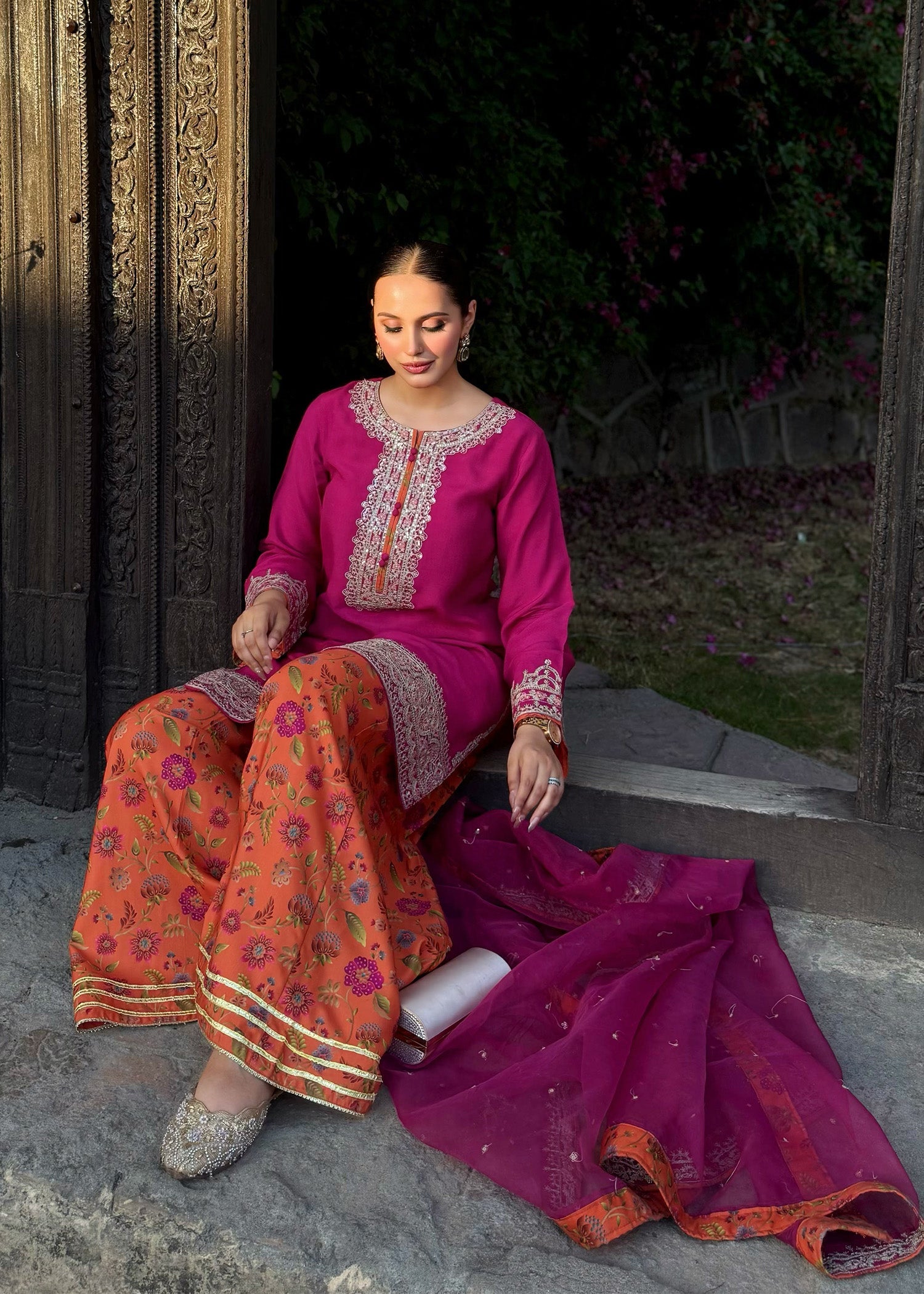 Pakistani Designer Hot Pink Embroidered Raw Silk Suit Online in KSA Riyadh Saudi Arabia Oman Bahrain Qatar