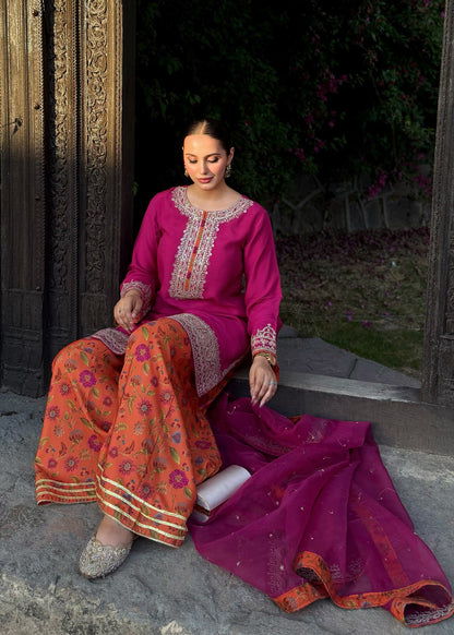 Pakistani Designer Hot Pink Embroidered Raw Silk Suit Online in KSA Riyadh Saudi Arabia Oman Bahrain Qatar