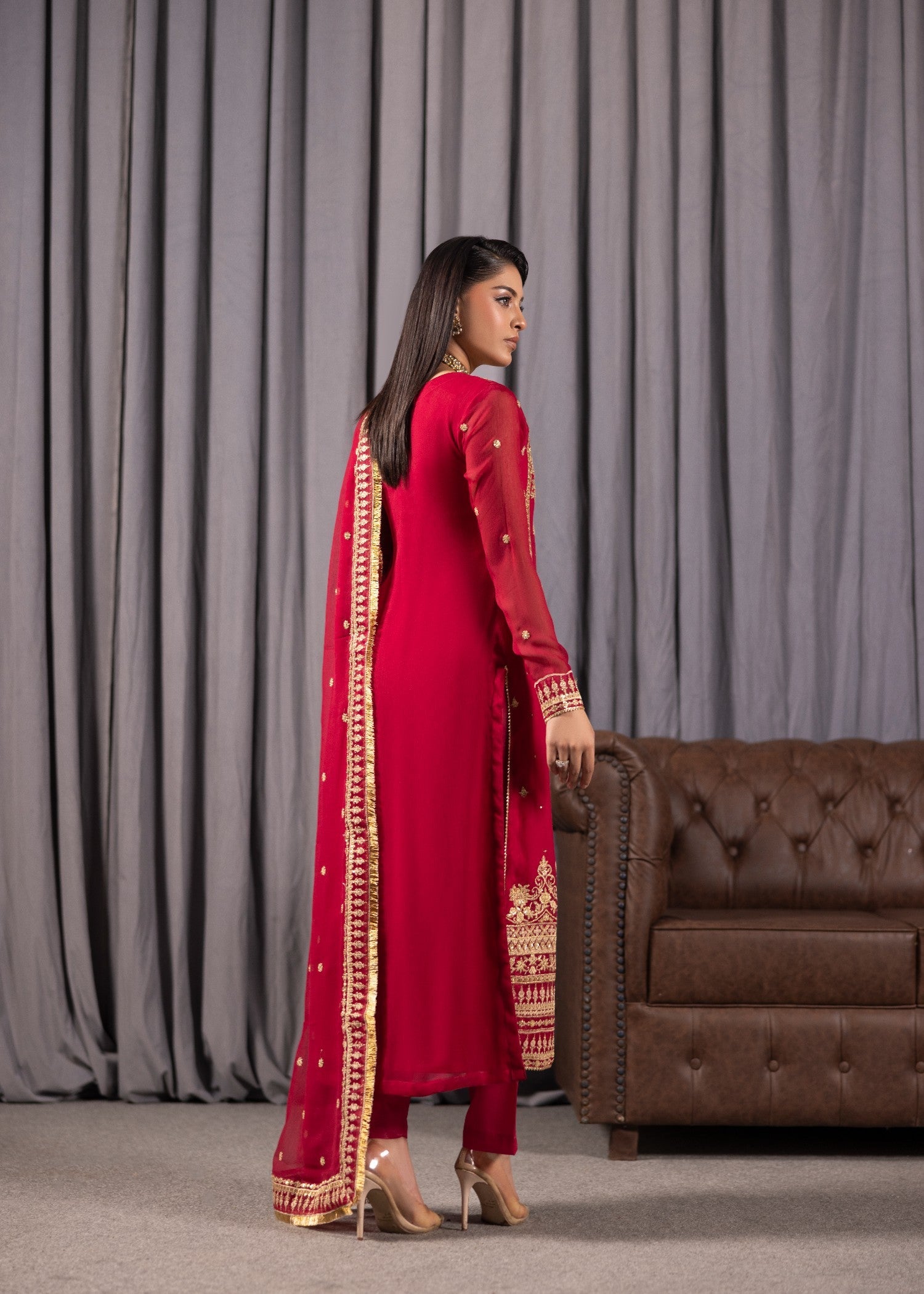 Pakistani Designer Hot Pink Red Chiffon Salwar Kameez Online in KSA Riyadh Saudi Arabia Oman Bahrain Qatar
