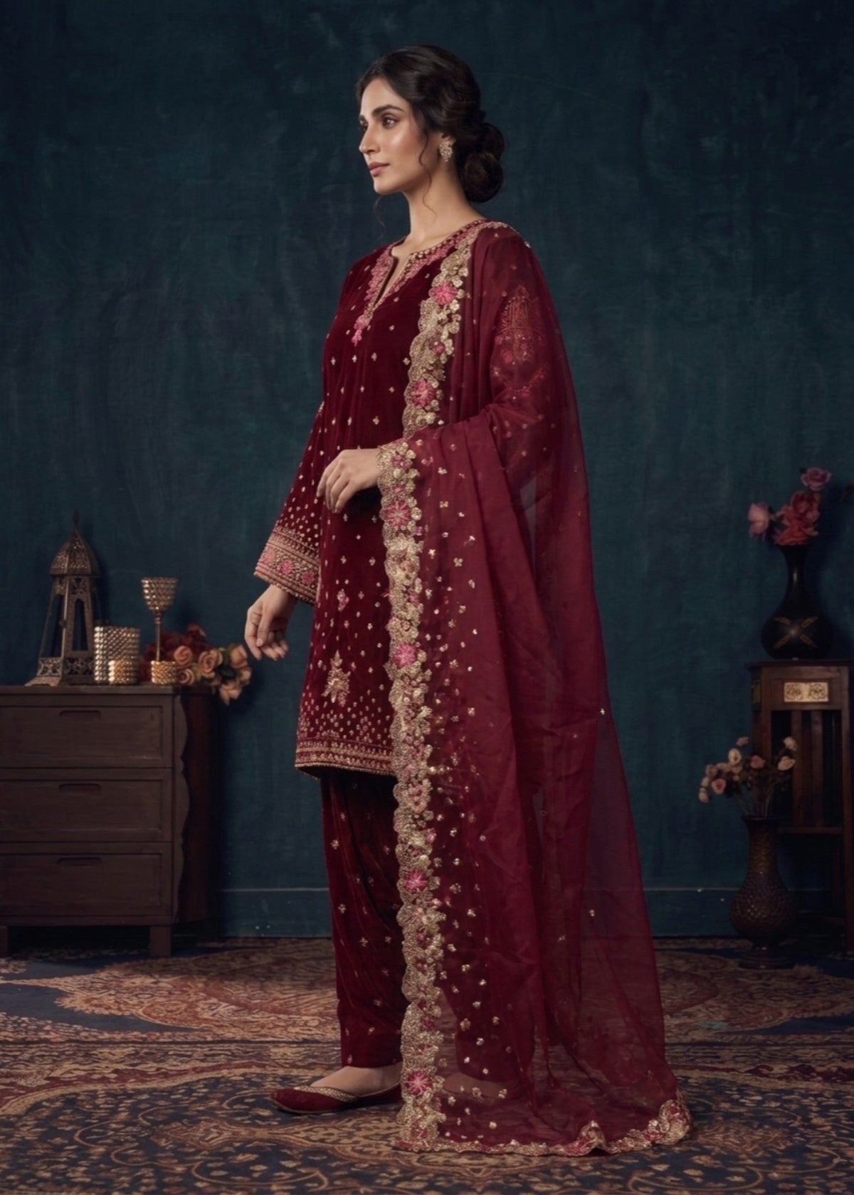 Pakistani Designer Hot Pink Velvet Shalwar Kameez Online in Dubai DXB UAE Abudhabi Meena Bazaar