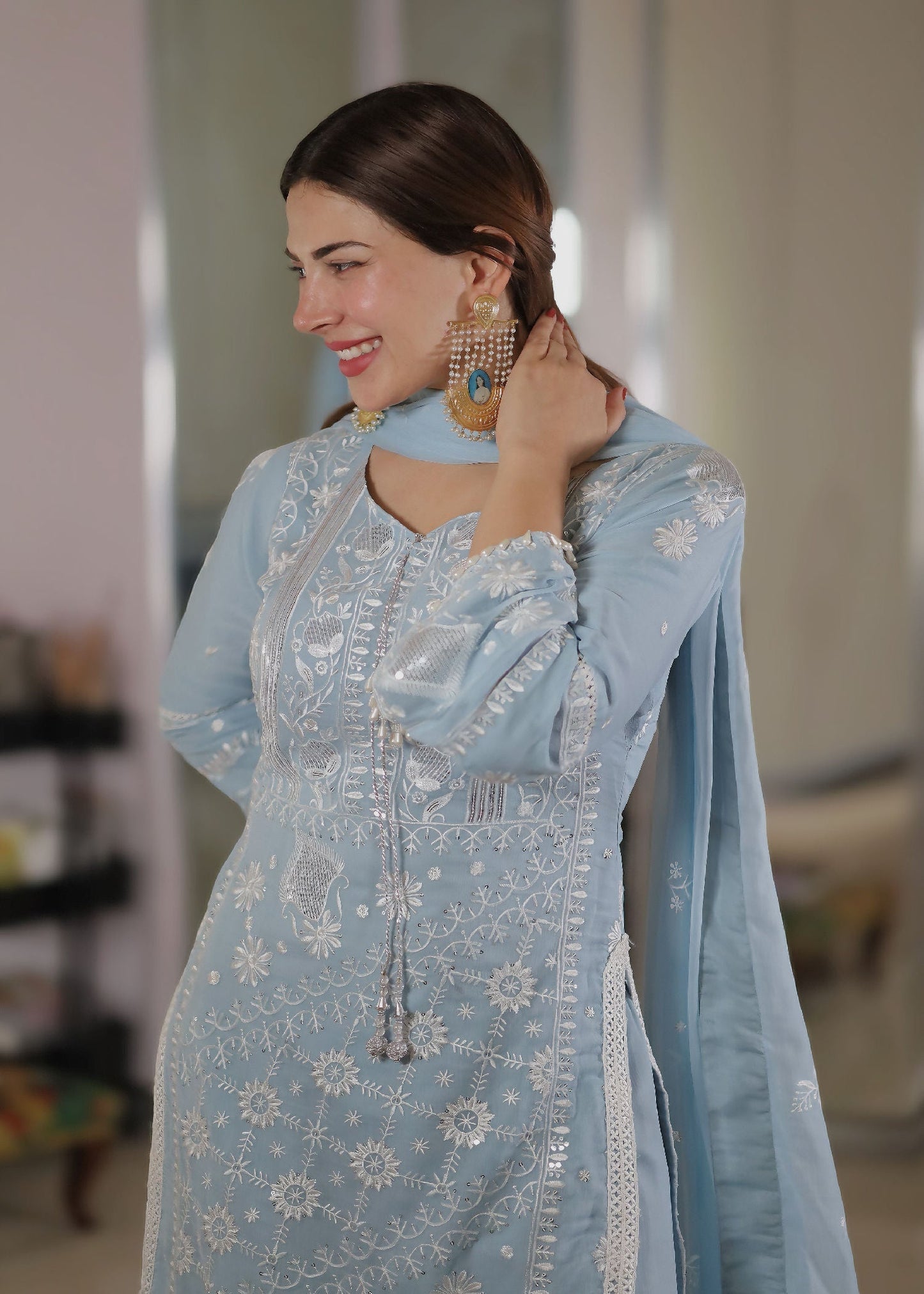 Pakistani Designer Ice Blue Chiffon Partywear Suit Online in KSA Riyadh Saudi Arabia Oman Bahrain Qatar