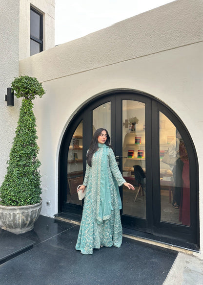 Pakistani Designer Ice Blue Chiffon Salwar Kameez Online in KSA Riyadh Saudi Arabia Oman Bahrain Qatar